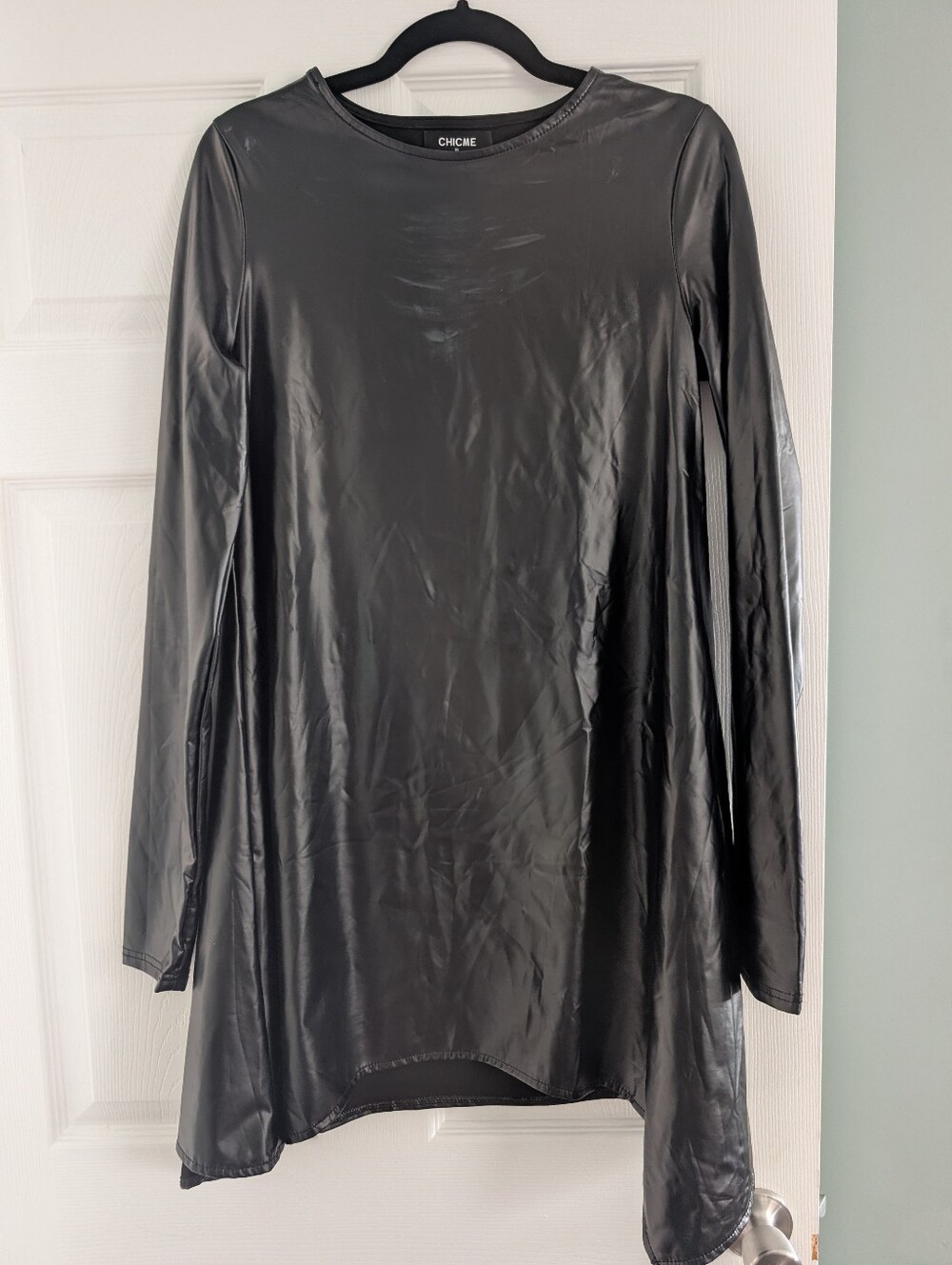 Chicme Black Faux Leather Crewneck Mini dress